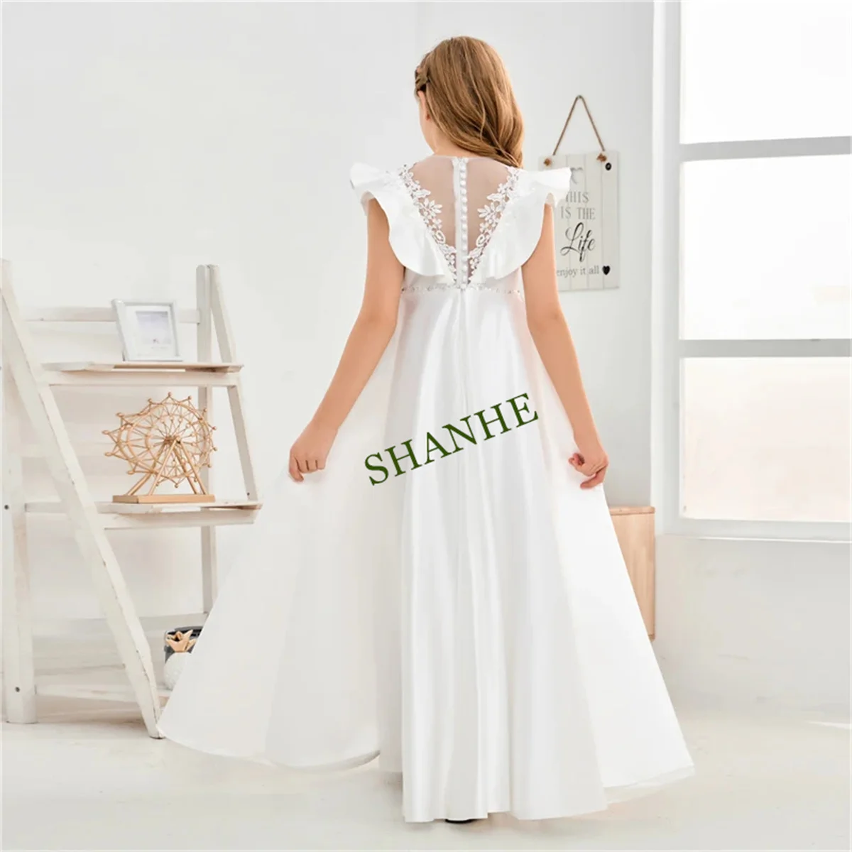 Vestido floral de cetim branco personalizado para casamento, elegante, pérolas, inchado com laço, princesa, festa de aniversário, primeira comunhão