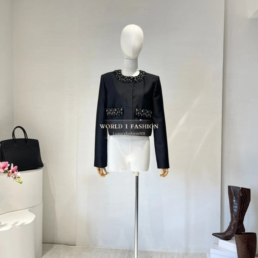 

2025 New Black Long Sleeve Diamonds Jacket Tops