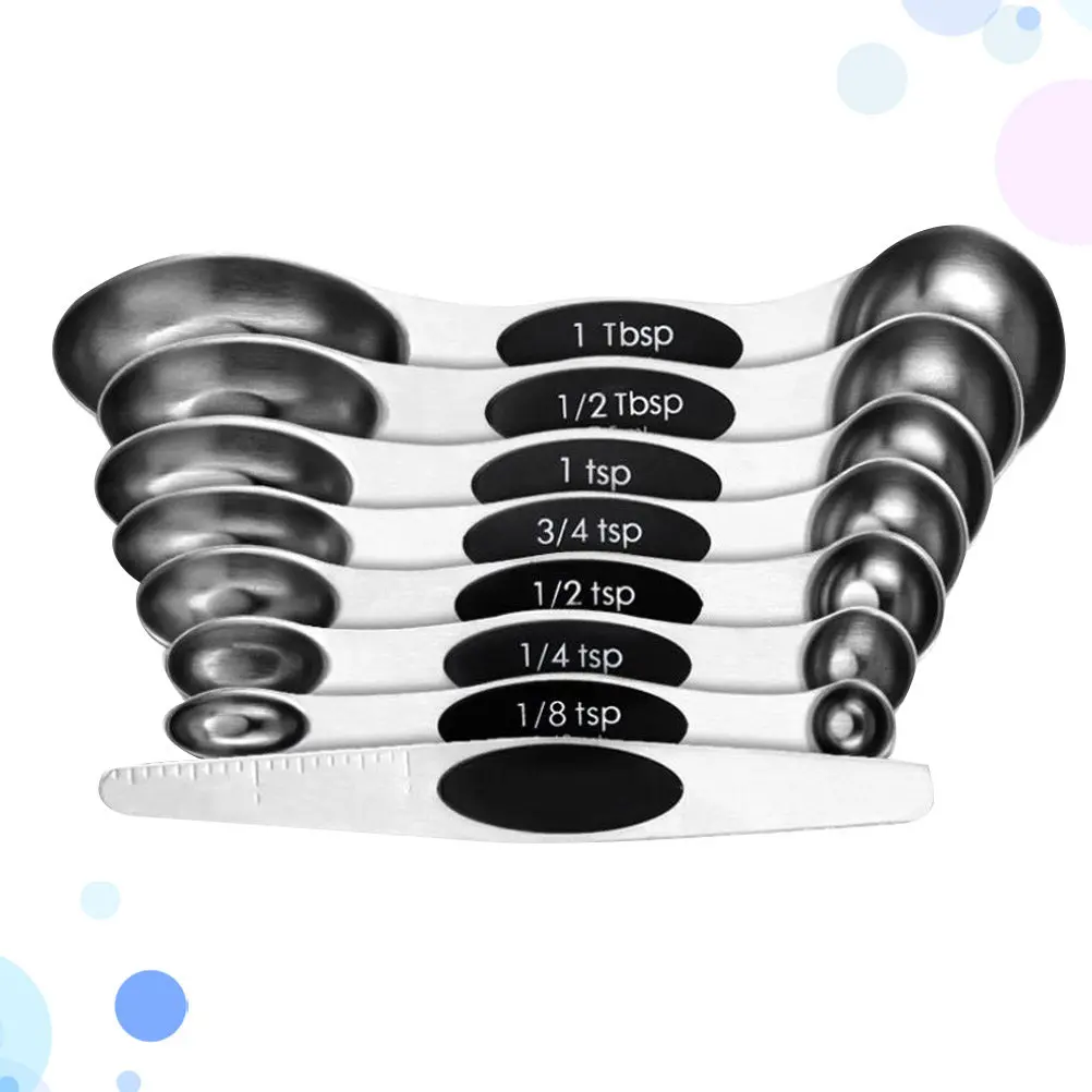 8Pcs Dual Ended Measuring Spoon Set Stainless Steel Flat Lay Design Rustproof Fade Resistant Metric Markings Baking Tools