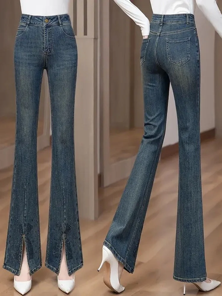 กางเกงยีนส์ทรงกระบอกเอวสูงยืดได้ กระชับสัดส่วน สำหรับผู้หญิง แฟชั่นฤดูใบไม้ผลิ ฤดูใบไม้ร่วง ฤดูหนาว  แบบมีซิป