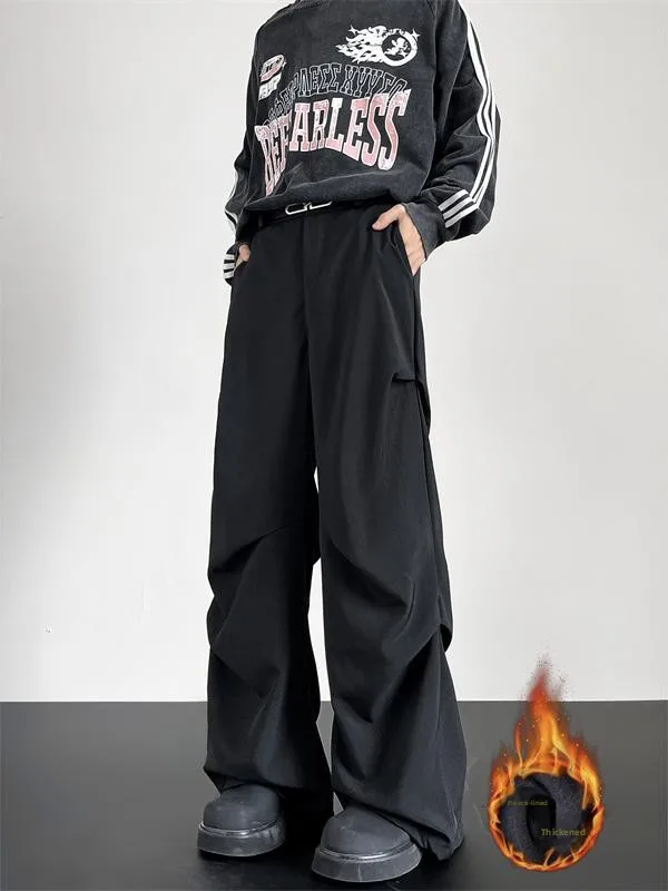 

Folded Thiened Casual Straight Leg Trousers Men's Autumn Winter Fce Lined Suit Pants Trendy American Sle Bell Bot