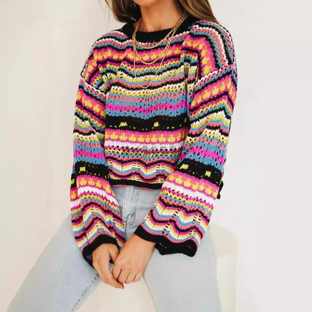 

2024 Autumn and Winter New Patchwork Knitted Sweater Loose Color Foreign Trade Round Neck Striped Sweater for Women Loose