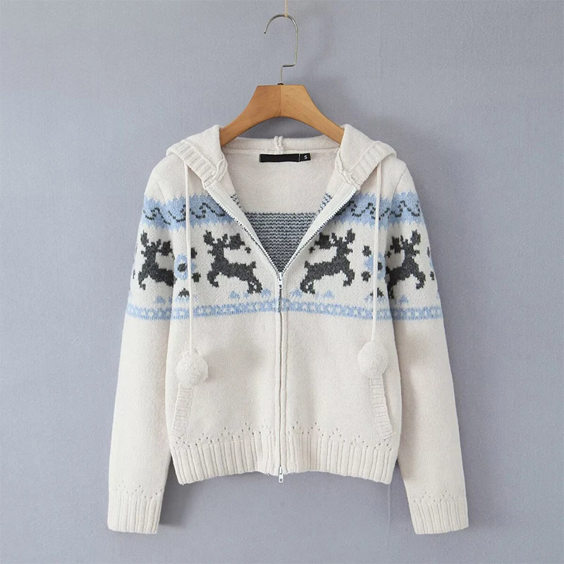 

YENKYE Autumn Winter Jacquard Hooded Knitted Cardigan Women Front Zipper Long Sleeve Slim Crop Sweater Coat