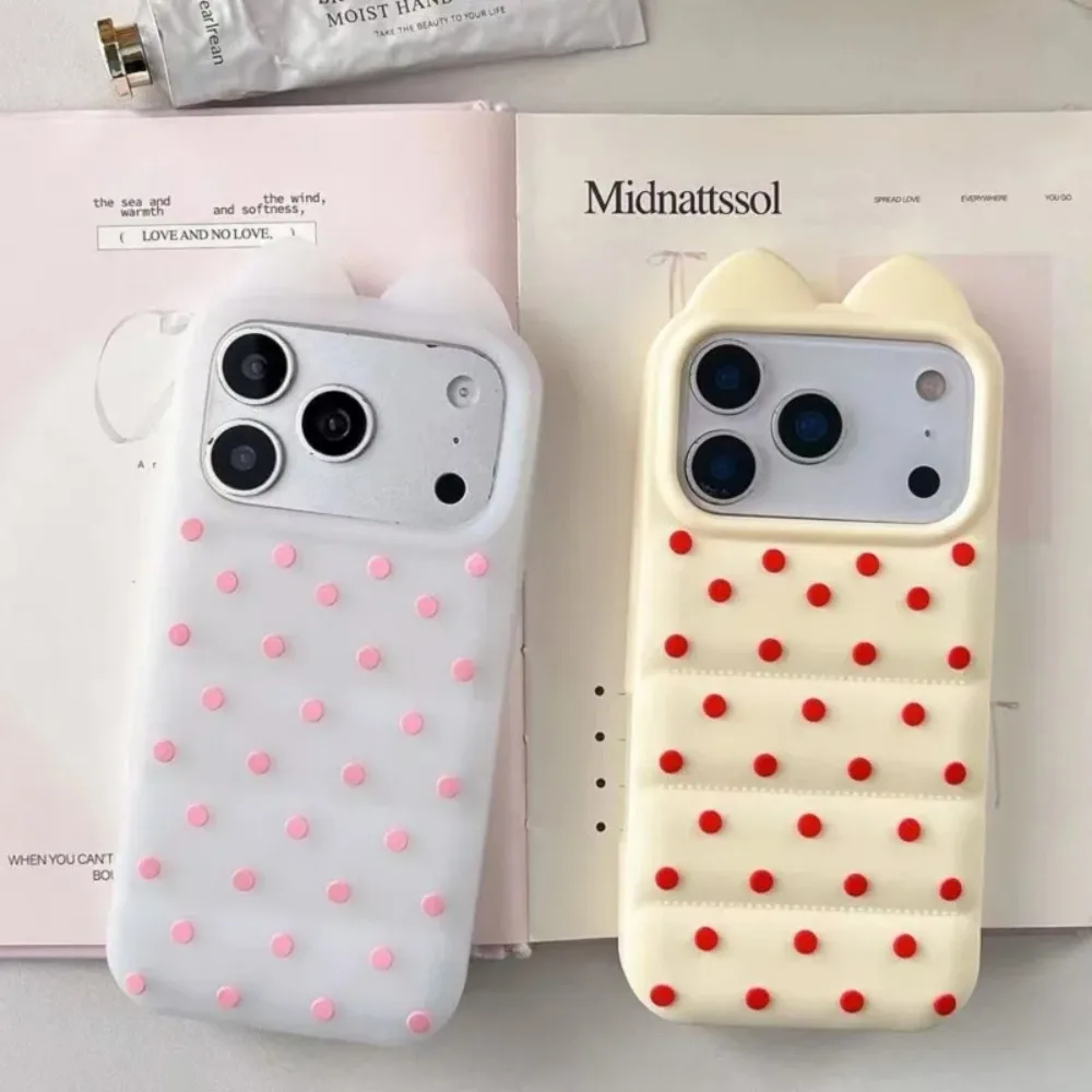 

3D Pink Polka Dots Cat Ear Silicone Phone Case For iPhone 17 16 15 14 13 12 Pro Max Soft Cover