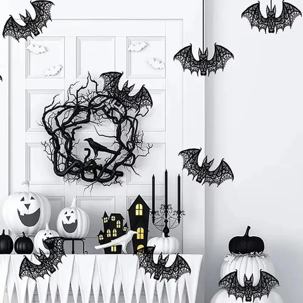 Black/White Bat Halloween Festival Decoration Lightweight Multi-purpose Halloween Room Decoration Realistic Lace Bat Pendant