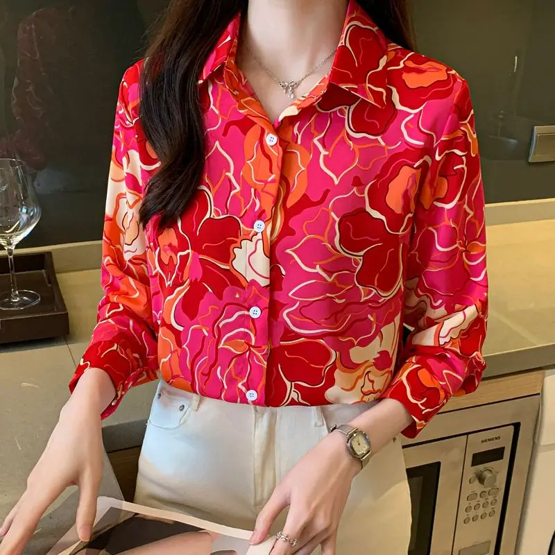 High End Red Printed Chiffon Shirt Women\'s Long Sleeved Retro Chic Outerwear Shirt Spring Autumn New Top