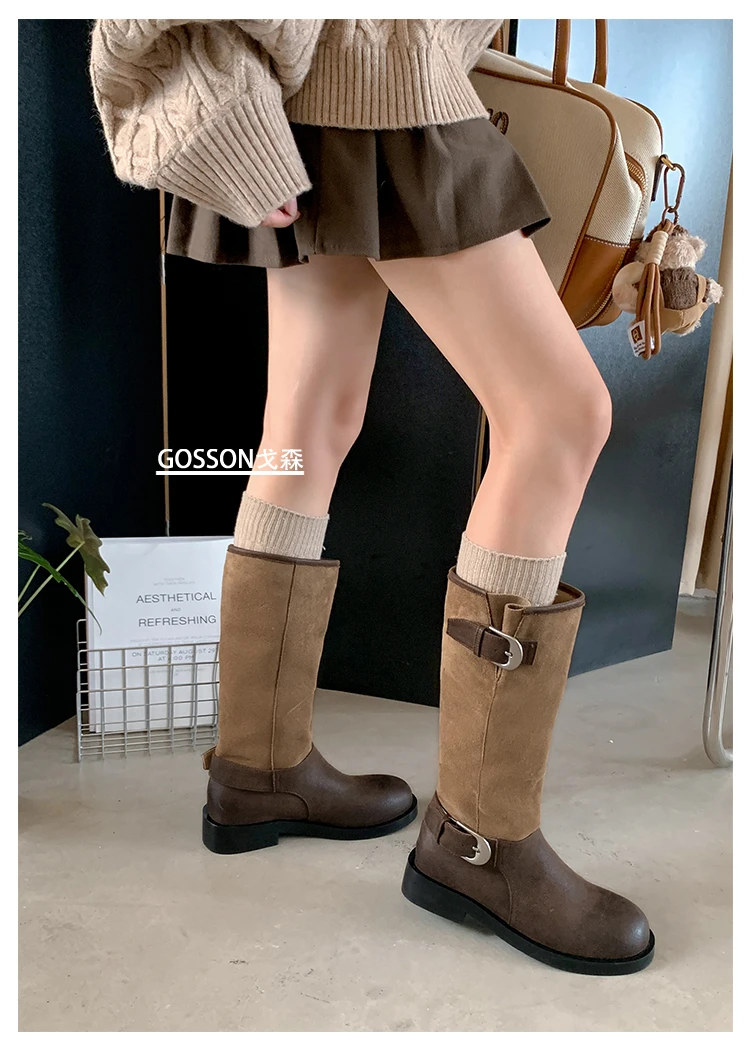 

Осенне-зимние новые женские ботинки среднего размера в стиле ретро с металлической пряжкой и длинной трубкой