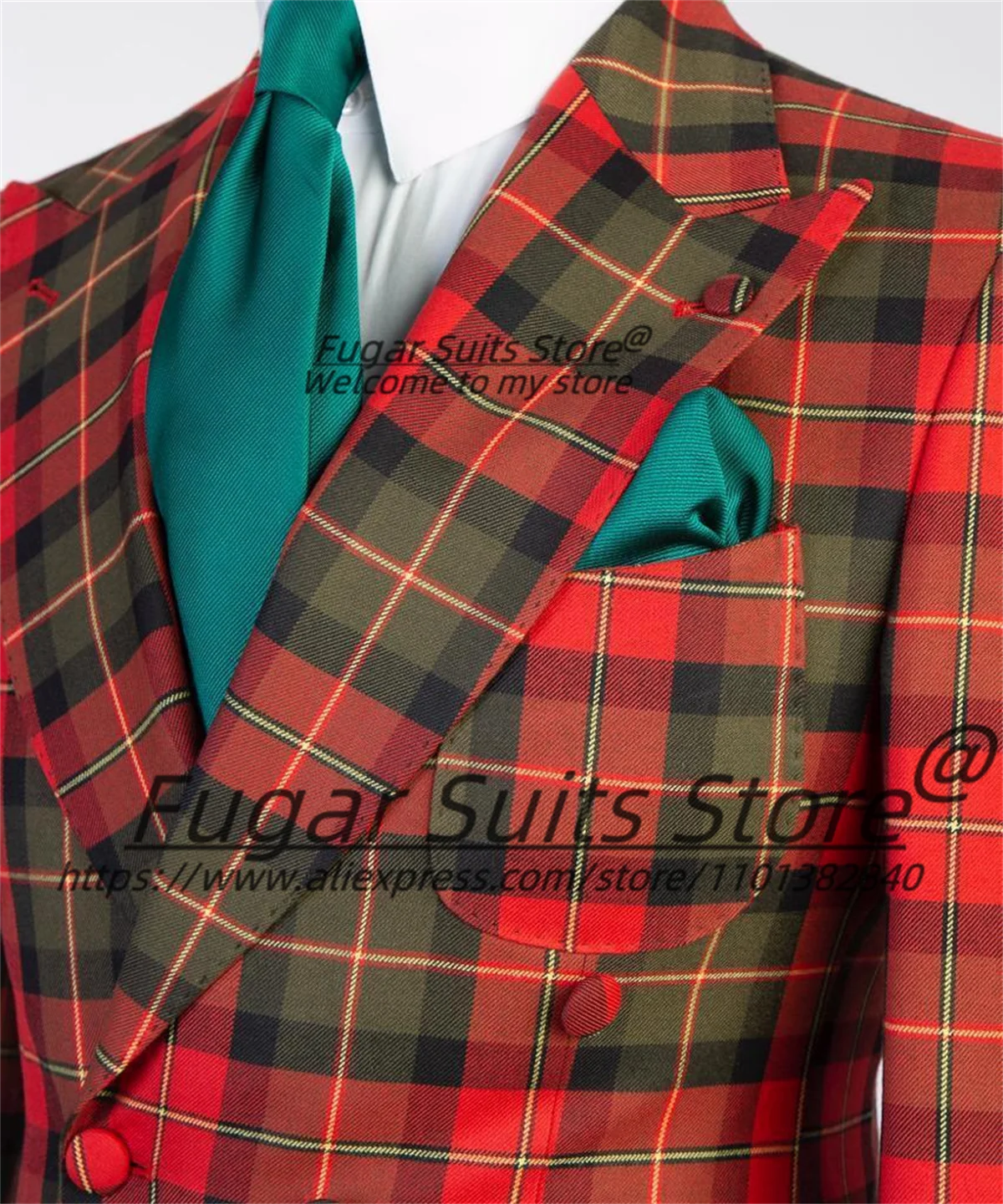 Fashion Red Plaid Men Suits Slim Fit Double Breasted Peak Lapel Groom Tuxedos 2 Pieces Sets Banquet Male Blazers Costume Homme