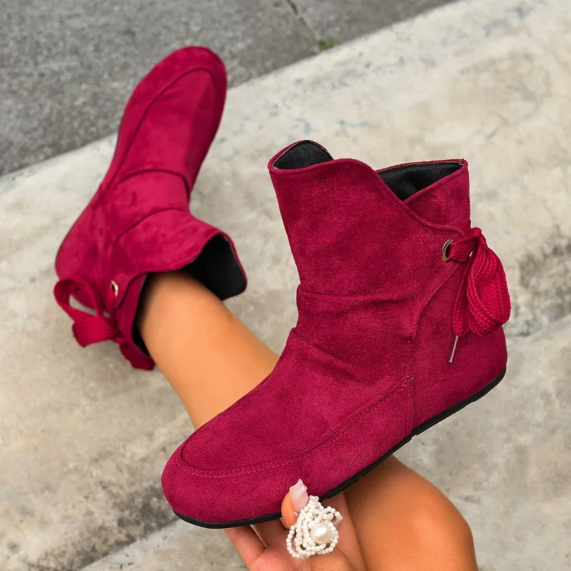 2026 Fashion Pleated Design Round Head Women's Short Boots Spring Autumn New Casual Lace Up Solid Color Comfort Women Shoes