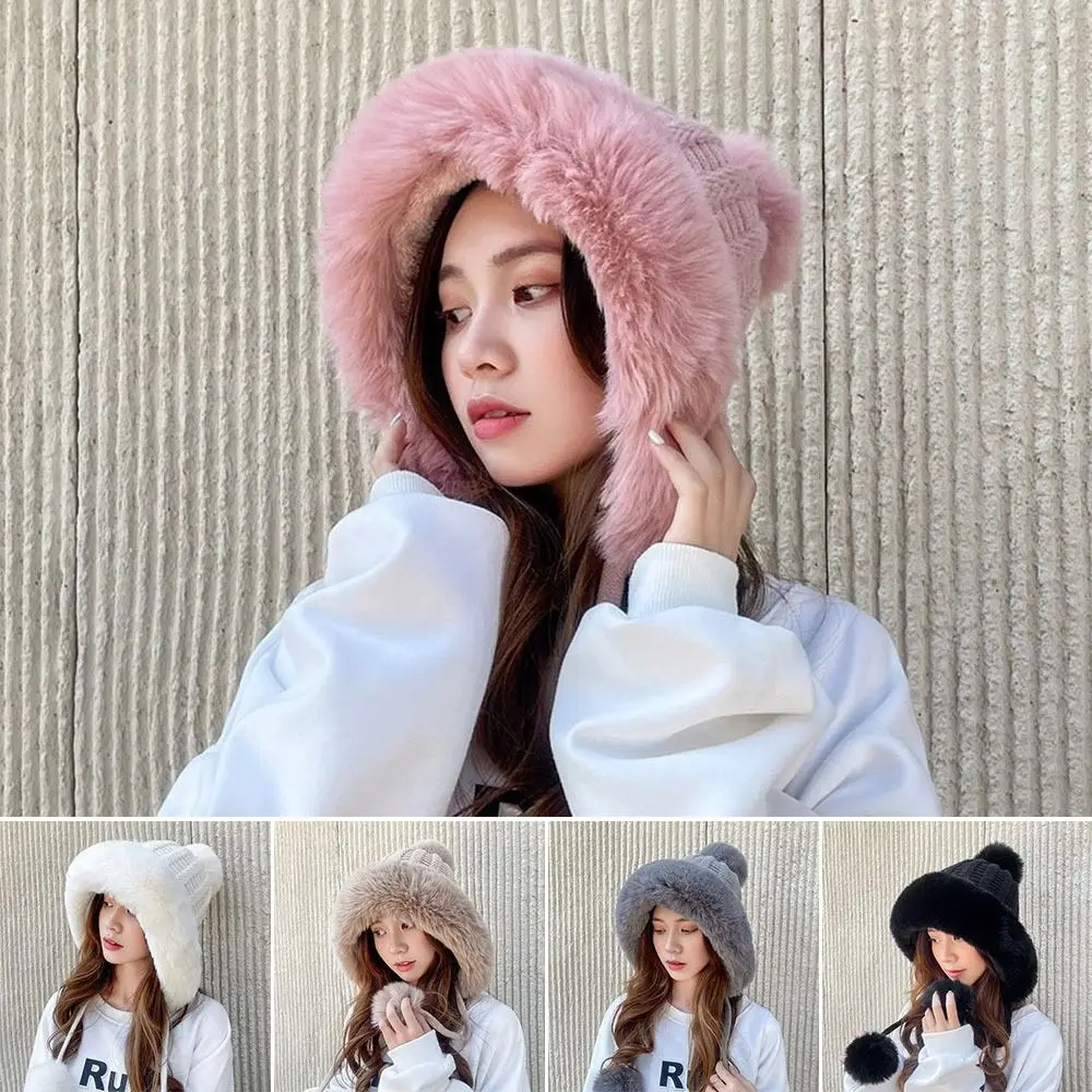 

Casual Windproof Knitted Plush Hat Thickened Keep Warm Beanies Cap Coldproof Pompoms Hat for Women Girls