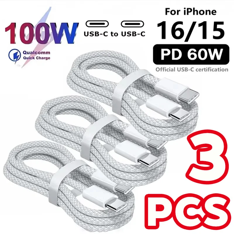 3 Stück USB-C-Kabel zu USB-C 100W Schnellladekabel Unterstützt Schnelles Laden für iPhone 16 15 Samsung Xiaomi Huawei etc.
