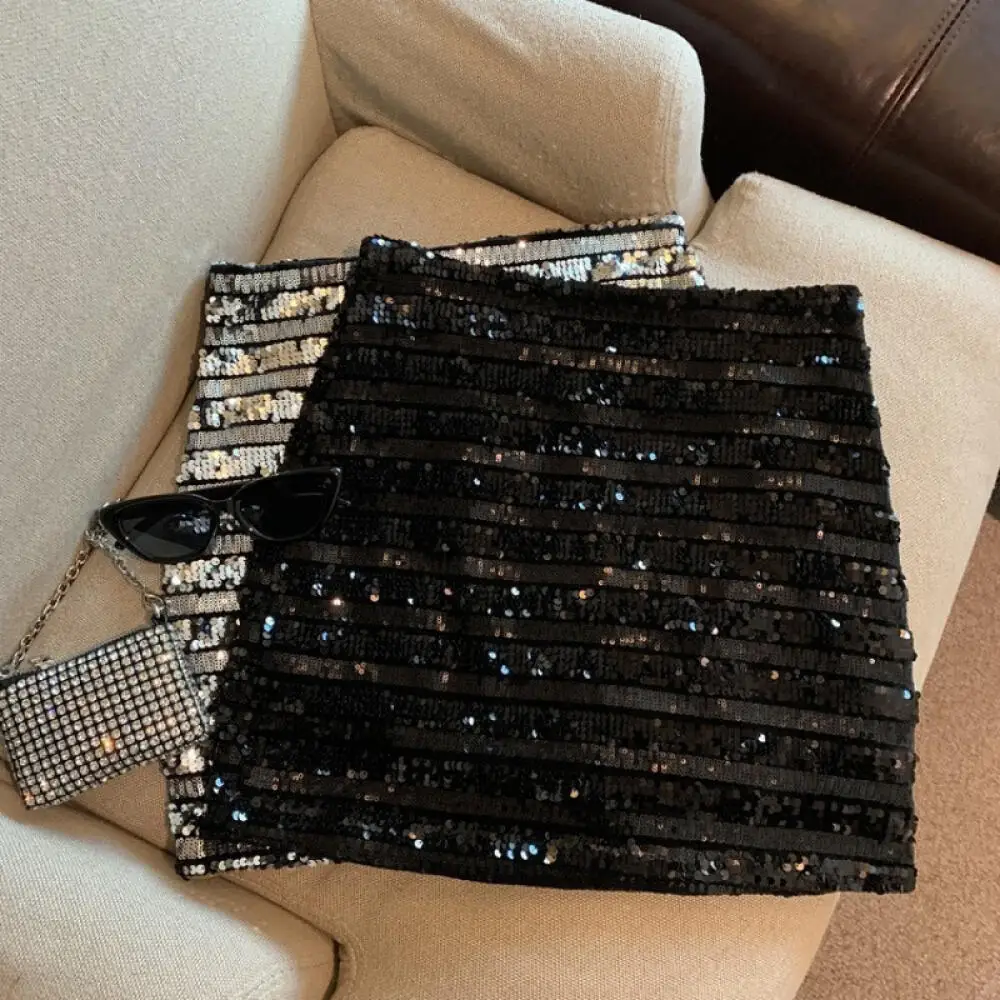 Silver Grey Sequin Skirt Women's Autumn New Elegant Hip Skirt Small Hot Girl Skirt Ropa Para Mujer