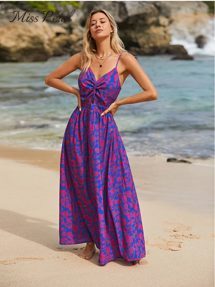 

Floral Print Knotted Maxi For Women Sexy V-Neck Back Tie Holiday Beach A-Line Dress 2024 Summer Female Sundress