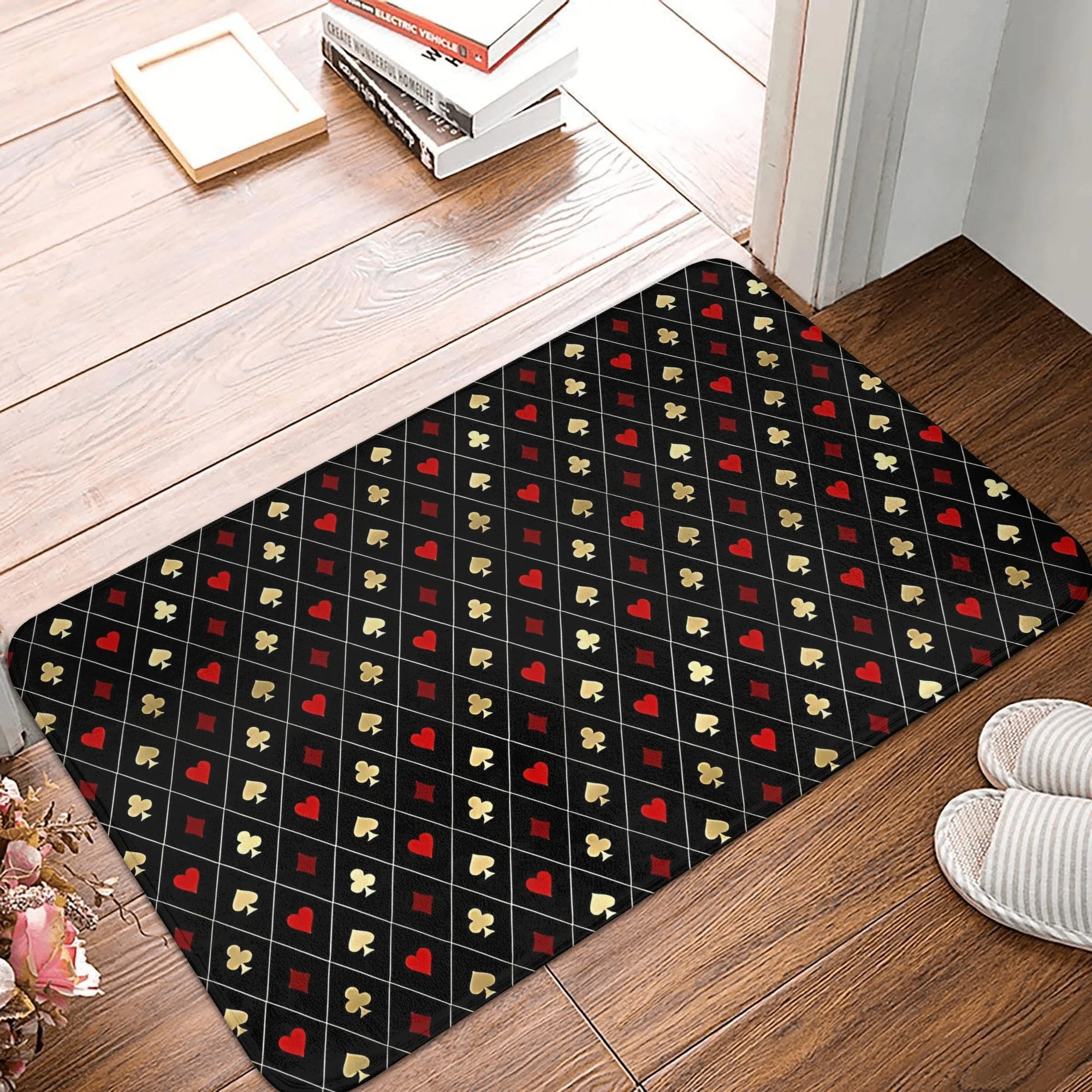 Casino Playing Card Suits Doormat Waterproof Non-Slip Flannel Entrance Rug for Home Decor