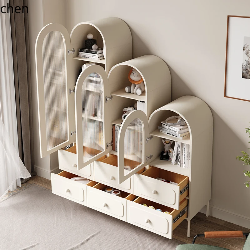 

HT living room bookcase with glass door combination arched locker household cream wind display cabinet