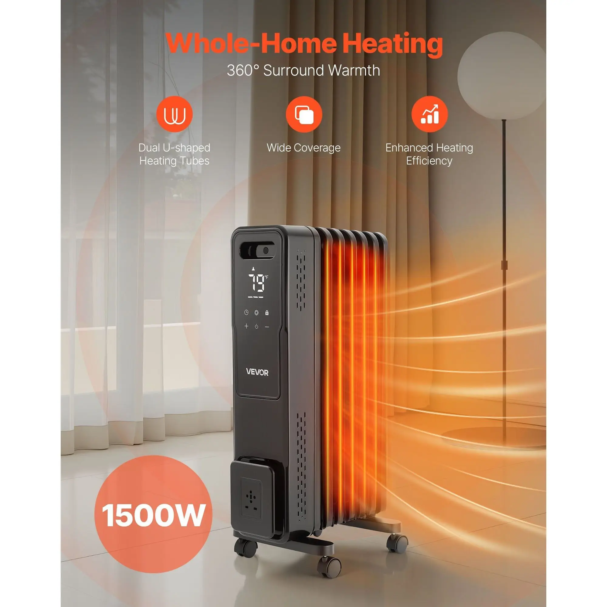 Electric Oil-Filled Radiator 1500W Metal Black Dual U-Shaped Tubes Remote Control Indoor Portable Heater