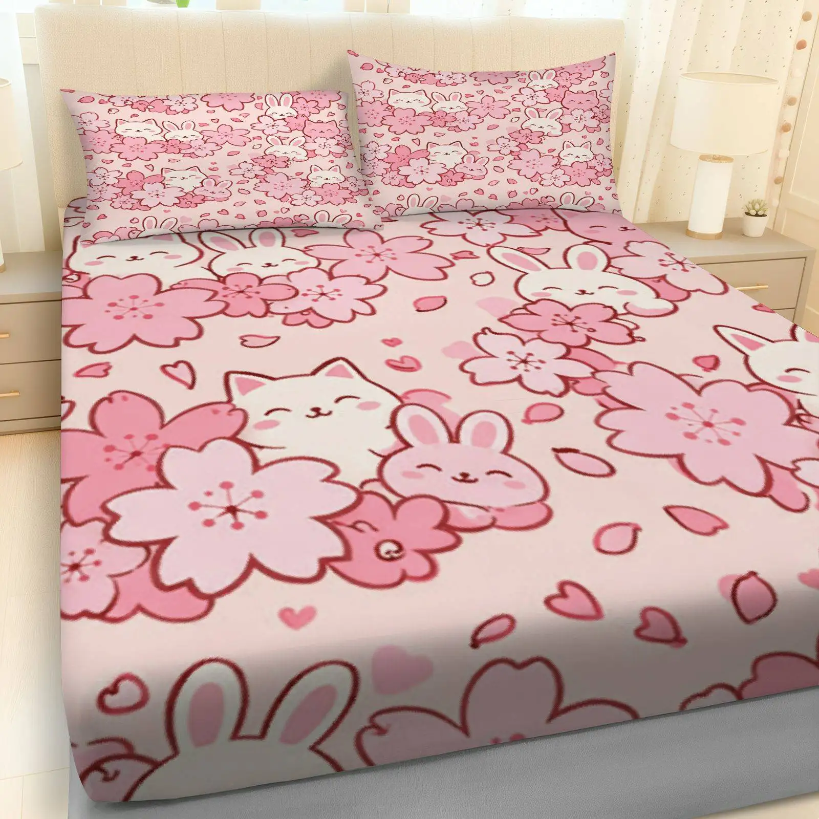 Sakura Rabbit Cat Bedding Set, Breathable Polyester Material (includes 1 fitted sheet + 2 pillowcases), Mattress Protector, Elastic-Fitted Style, Protective Cover, Mattress Cover, Christmas-Themed Bedding, Baby Bedding, Suitable for Nursery Room view 6