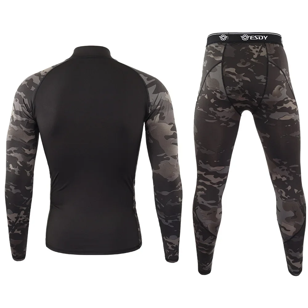 ESDY Camouflage underwear Men's standing collar sports fitness suit Outdoor tactical training Hiking travel fleece thermal unde