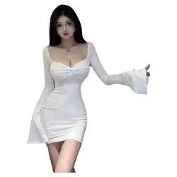 Summer New Sweet Girl Sexy Solid Color Versatile Low Neck Slim Trumpet Sleeve Long Sleeve Wrap Hip Dress Elegant For Women L3SA