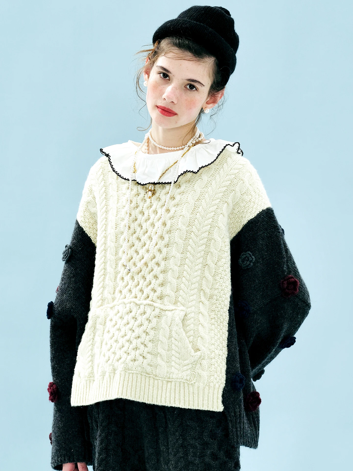 Couleur-bloc pull avec fleurs 3D Aran pull en tricot pour automne et hiver rétro atmosphère douce haut en tricot 255235