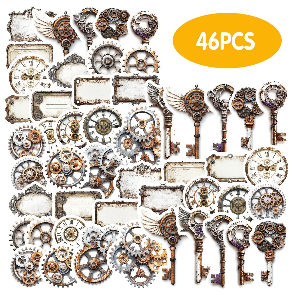 46pcs Silver Color Keychain Stickers, Metal Tag Gear Mix Decals for Laptops, Suitcases, Guitars, Decorative Kids Gifts