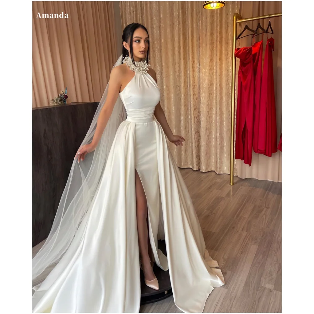 

Amanda Индивидуальные белые платья с бретелькой на шее и жемчугом, вуаль, вечерние платья без рукавов с боковым разрезом, атласное платье для выпускного вечера длиной до пола