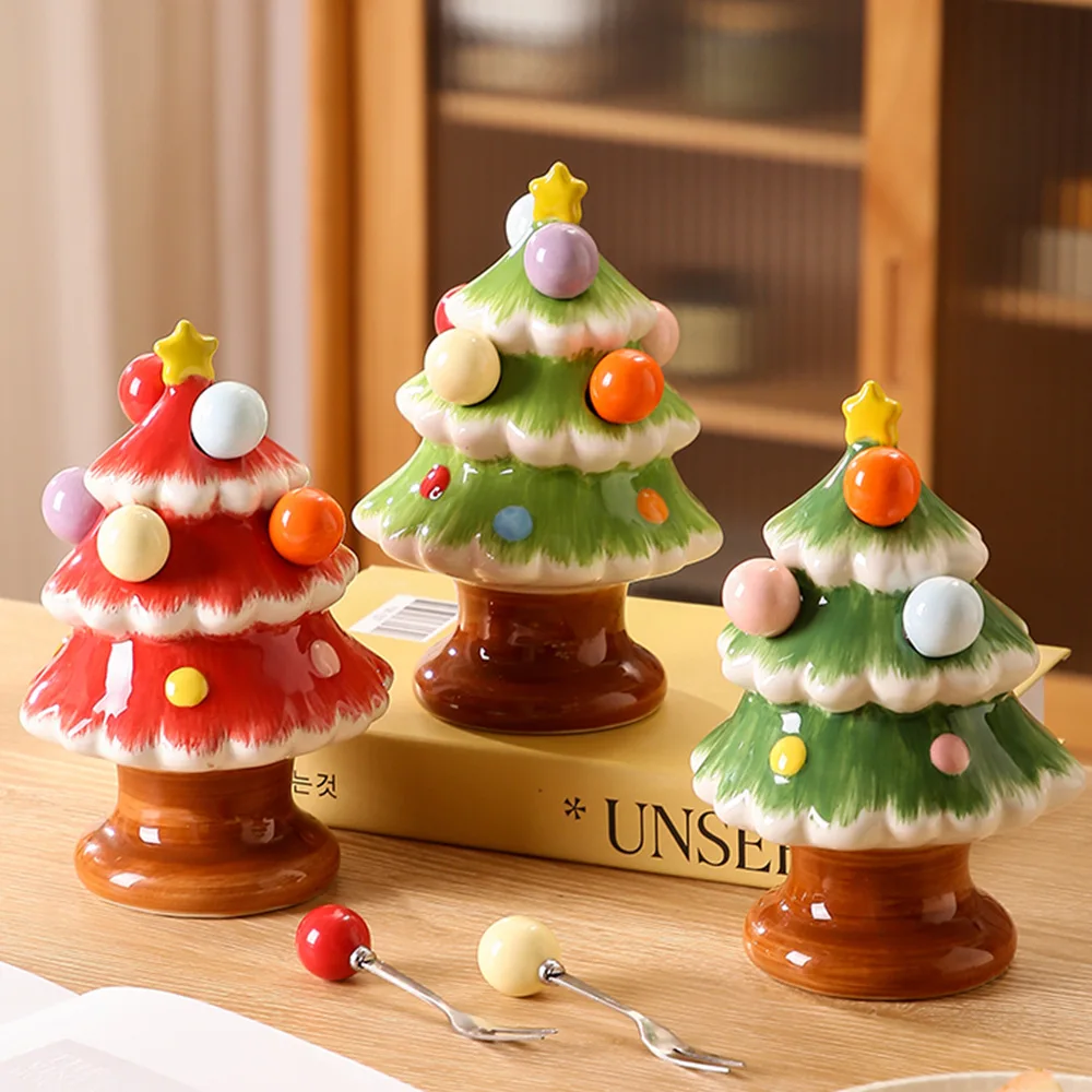Christmas tree ceramic fruit fork set household creative living room coffee  children's fruit signature fork safe and high value