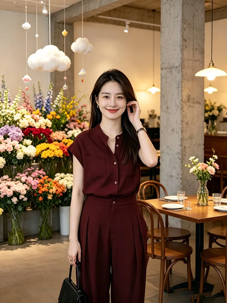 Retro Hong Kong Style Casual  Color Loose Sleeveless Shirt Top Summer Loose Lazy Wide Leg Pants Set Women's Fashion