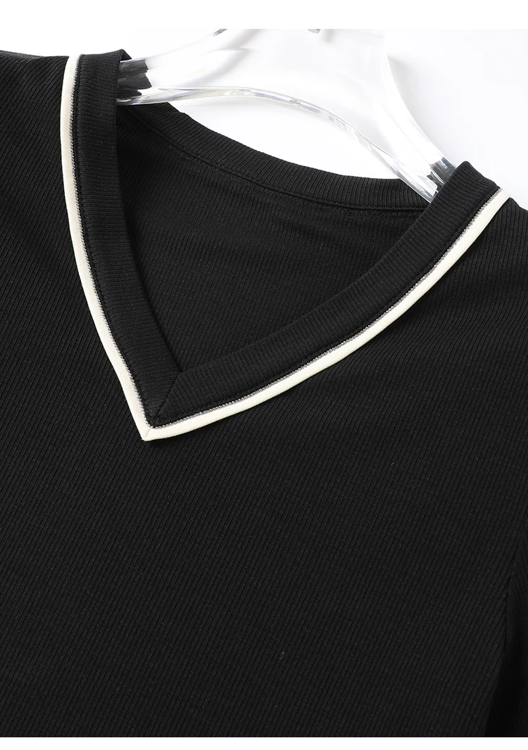 KL7523408 Designer-Stil Damen V-Ausschnitt Strickware Weiche Wollmischung Oberteil Slim Fit Geripptes Kurzarm-T-Shirt – Detail 21