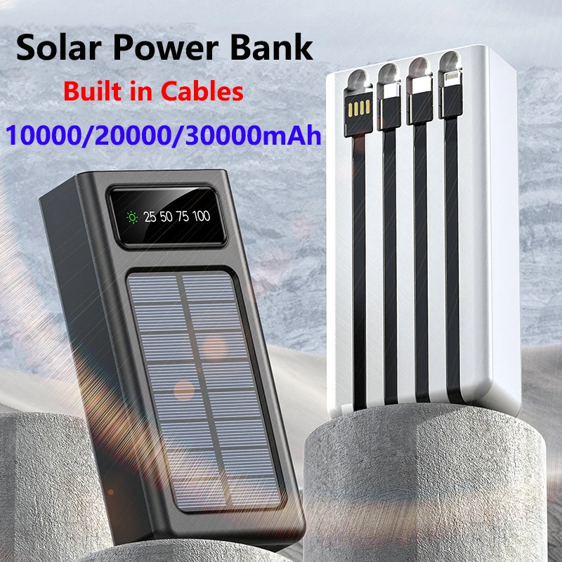 

30000mAh Solar Power Bank Built in Cable Portable Charger External Battery Pack for iPhone 16 15 Samsung Huawei Xiaomi Powerbank