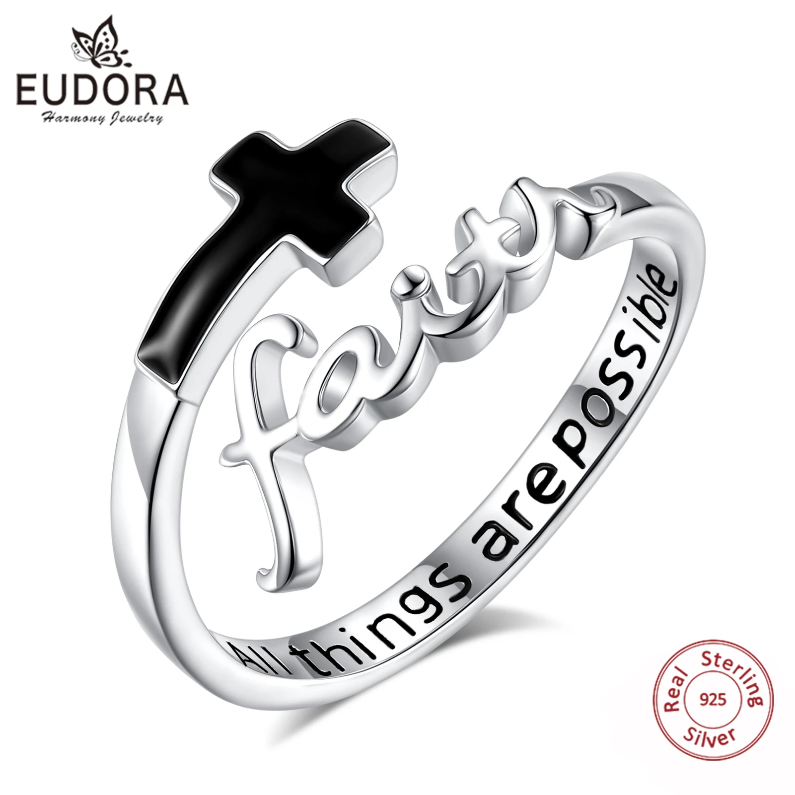 

Eudora 925 Sterling Silver Obsidian Cross Adjustable Ring Simple Faith Open Ring Religious Jewelry Christian Gift for Women Men
