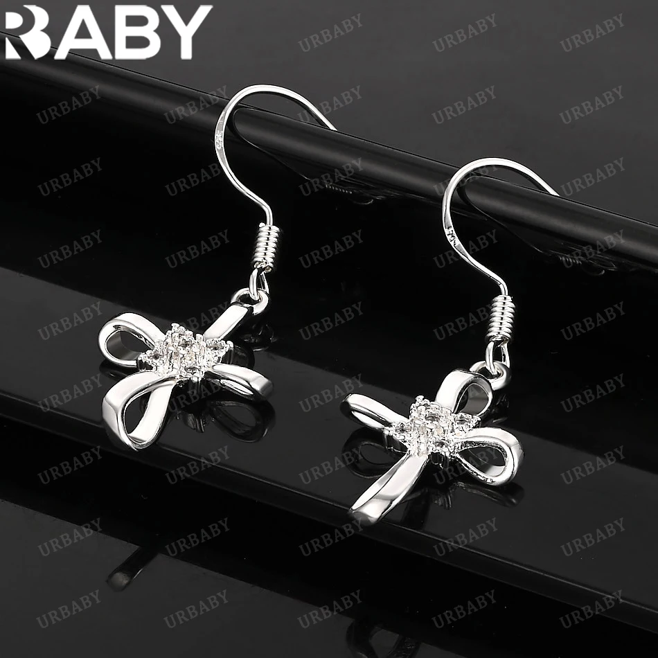 

URBABY 925 Sterling Silver Earrings Zircon Bow Cross Drop Earrings For Women Jewelry Fashion Party and Daily Wear