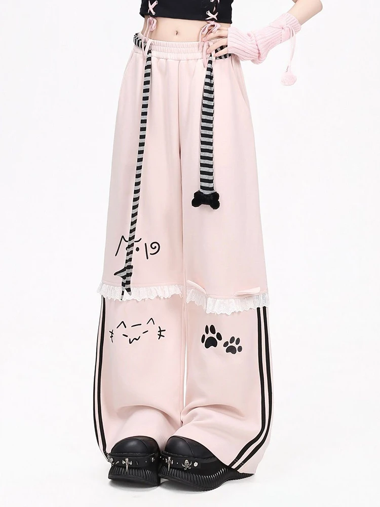 Cute Cartoon Belt Pants Women Vintage Lace Patchwork Striped Kawaii Trousers Fall High Waist Preppy Style Sweet Causal Pants New