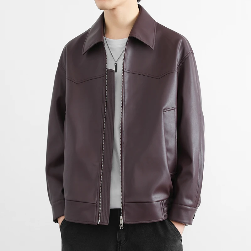 2024 Autumn Men Loose Casual Retro Streetwear Fashion Leather Short Bomber Jacket Motorcycle Coat Spring Outerwear