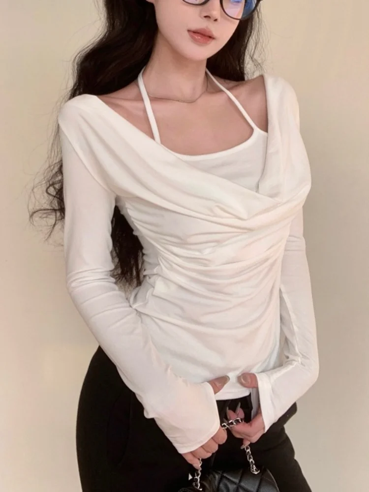 

Spring Autumn T shirt Women Tops Solid Long Sleeve Ruched O Neck Tshirts Female Korean Casual Streetwear High Quality Base insTe