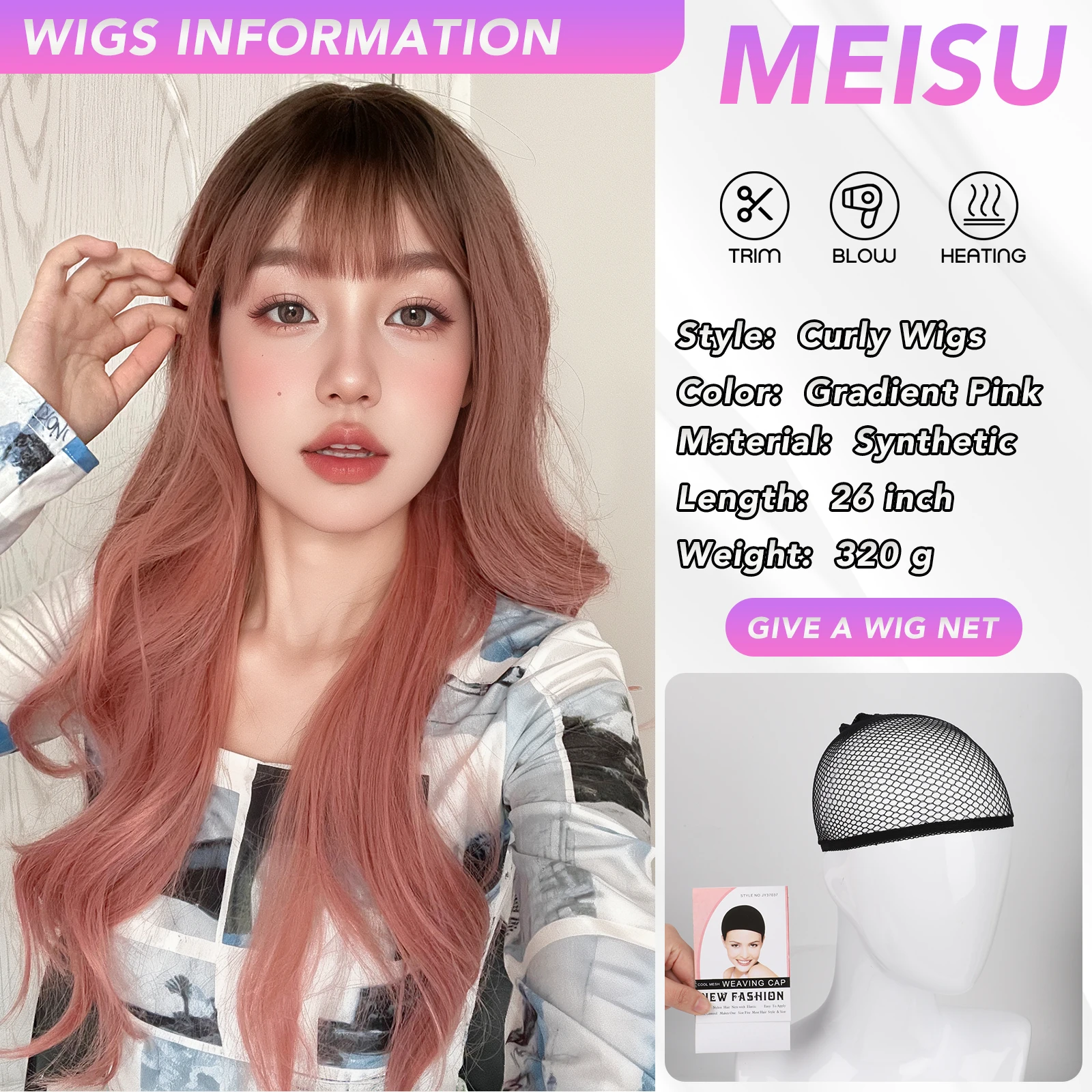 MEISU Gradient Pink Brown Curly Wave Bangs Wig 24 Inch Fiber Synthetic Wig Heat-resistant Natural Party or Selfie For Women