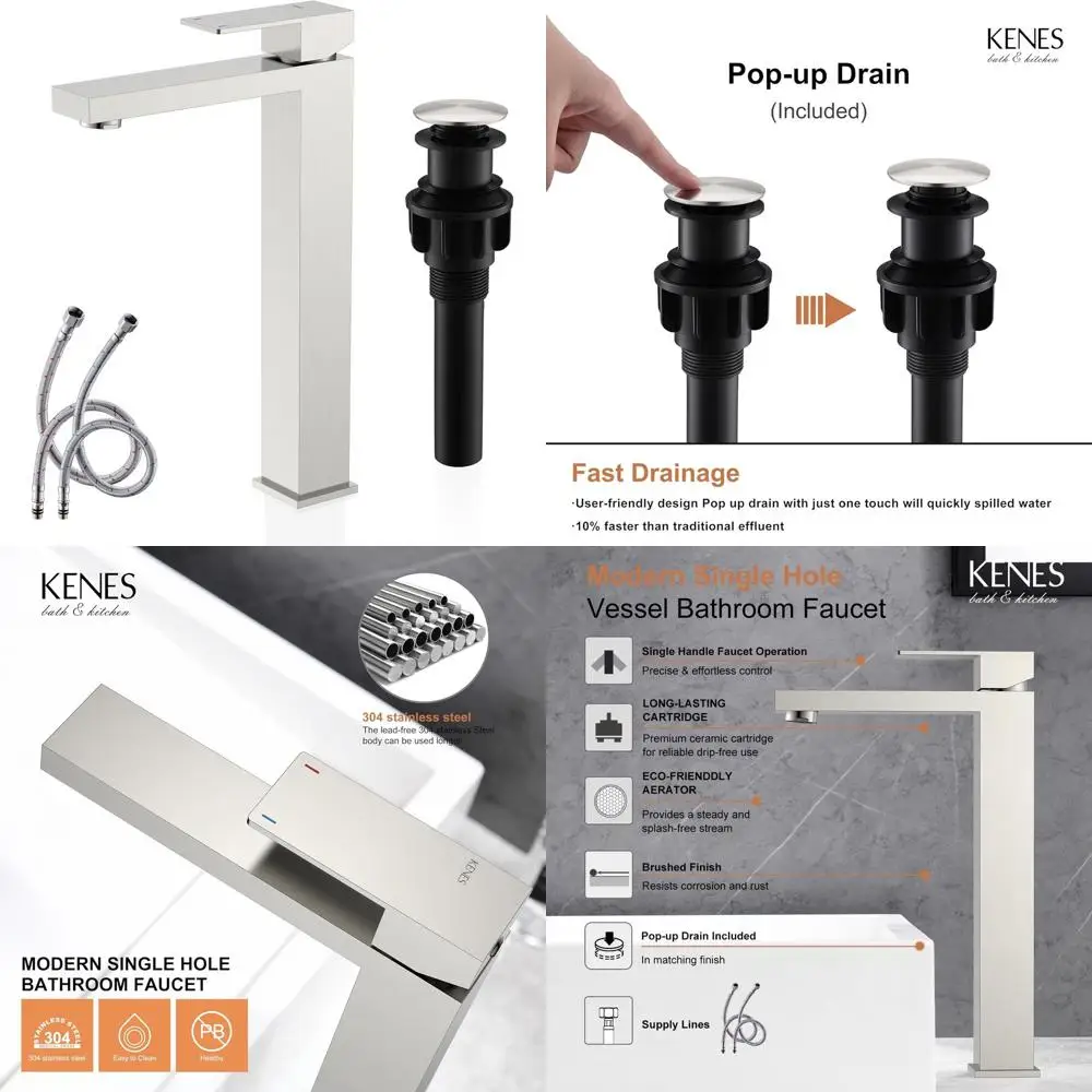 

Single Handle Tall Vessel Sink Faucet with Supply Hose & Pop-Up Drain, Brushed Nickel, Model LJ-9031A