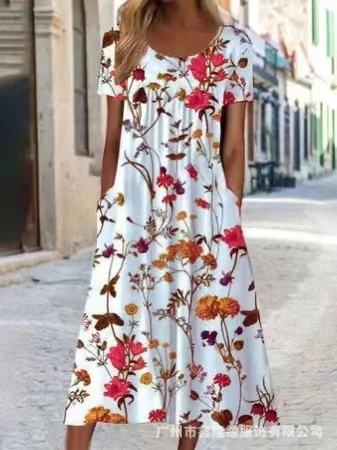 

Flower Printed Women's Dress O-neck Loose Waist Fashion Pocket Vacation Casual Basic Midi Skirt