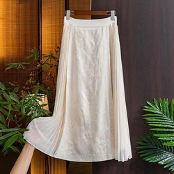 Elegance Pleated Women's Long skirt Jacquard Patchwork Fairy Skirt High Waist Side Accordion Pleats Chinese Style A-line Skirt