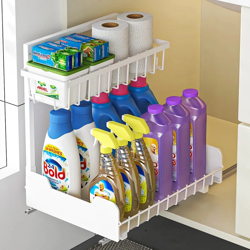 2-Tier Under-Sink Organizer Slide Pull-Out Cabinet Storage Rack for Kitchen Bathroom Laundry with Upgraded Smooth Rails