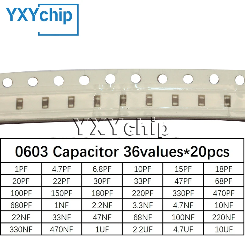 

0603 SMD конденсатор в ассортименте, 36 значений * 20 шт. = 7 20 шт. 1 пФ ~ 10 мкФ набор образцов, электронный набор «сделай сам»