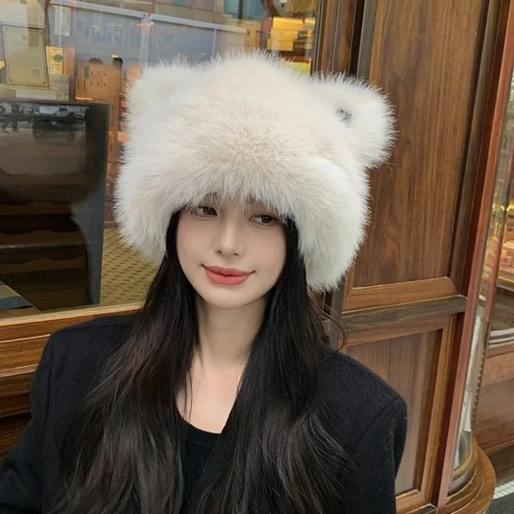 Berretto di pelliccia con orecchio d'orso senza tesa alla moda Cappello di pelliccia da donna soffice e addensato Mantieni caldo il berretto da pescatore in tinta unita autunno e inverno