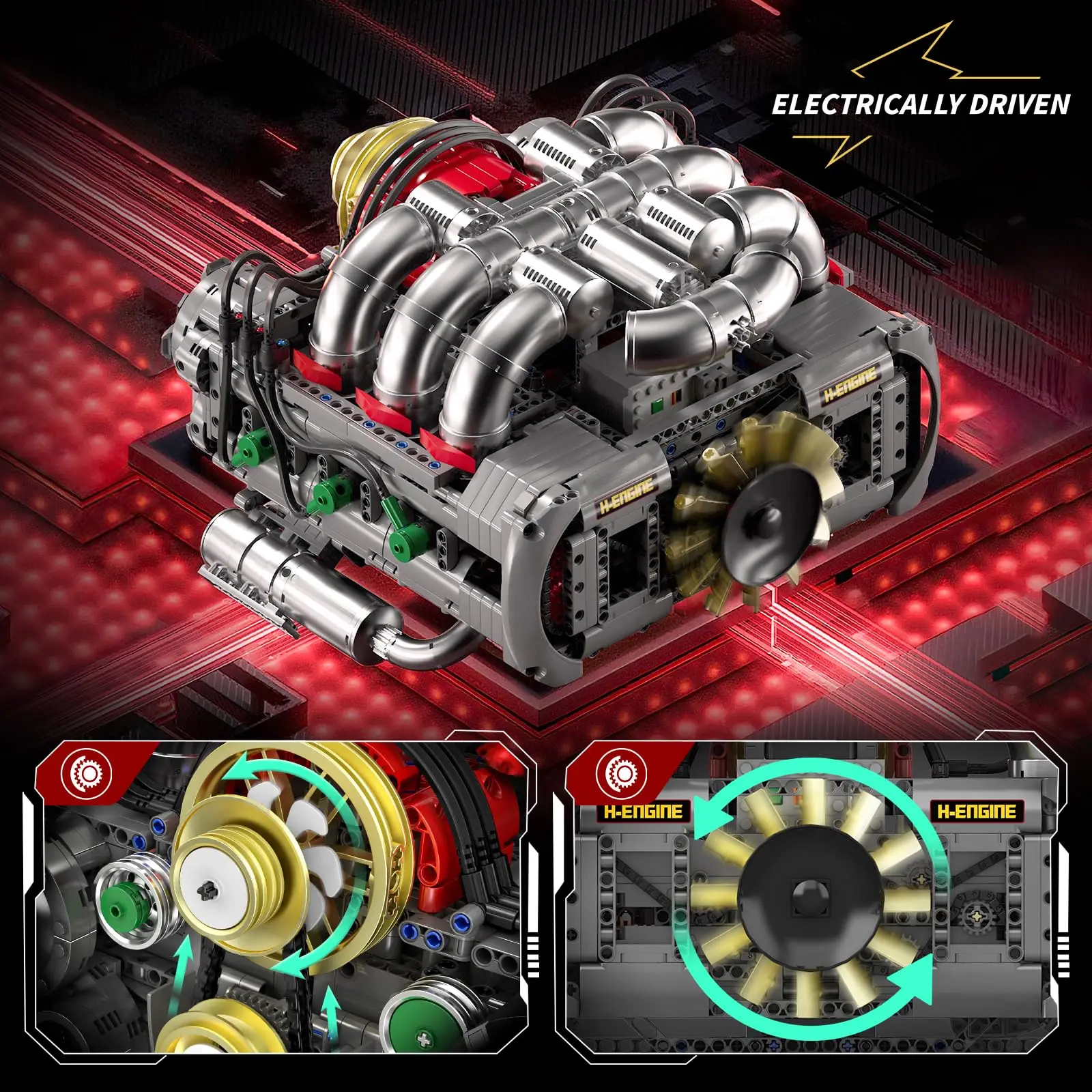 2375 stks platte-zes motor model kit, sportwagen motor bouwsteen met accubak, doe-het-zelf montage gemotoriseerde auto motor kit speelgoed