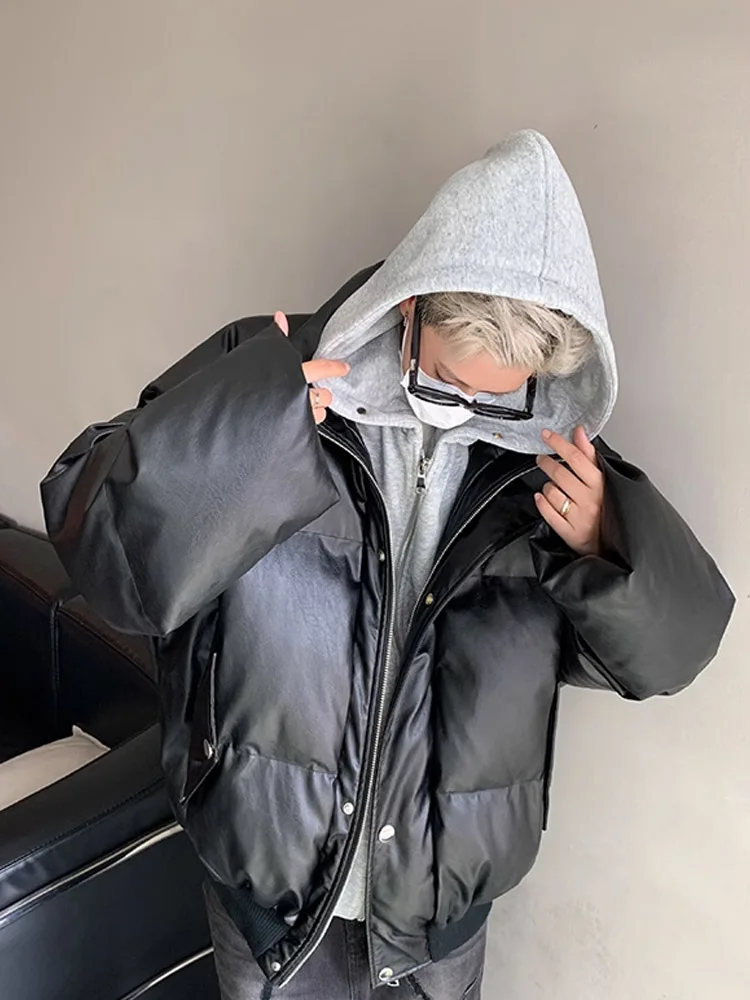 Jaket Pria Musim Dingin Berbahan Kulit PU dan Katun, Model Hoodie Longgar, Mantel Hangat Gaya Remaja, Pakaian Luar Kasual untuk Jalan-Jalan