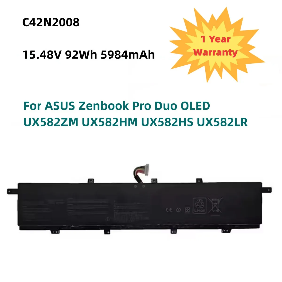 15.48V 92Wh 5984mAh C42N2008 Laptop Battery For ASUS Zenbook Pro Duo OLED UX582ZM UX582HM UX582HS UX582LR Series