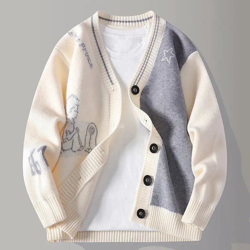 

Весенний вязаный мужской свитер-кардиган с V-образным вырезом, в стиле колор-блок, модный, молодежный, универсальный, теплый, из полиэфирного волокна