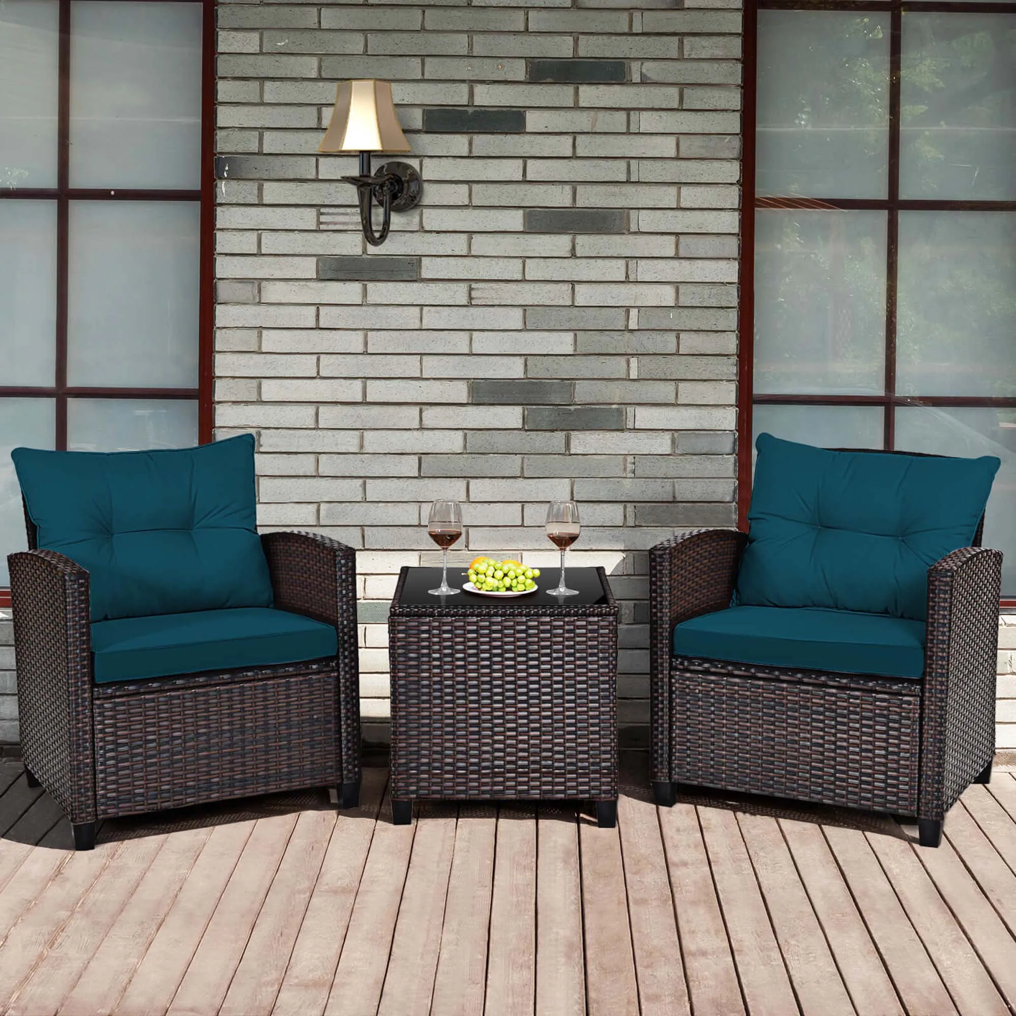 3 PCS Patio Rattan Furniture Set Cushioned Conversation Set Sofa Blue