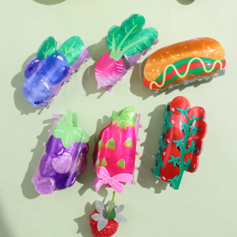 HANGZHI Creative Hot Dog Hair Clip Colourful Dragon Fruit Grape Tomato Shark Clip Personalised Fun Hair Accessories for Women