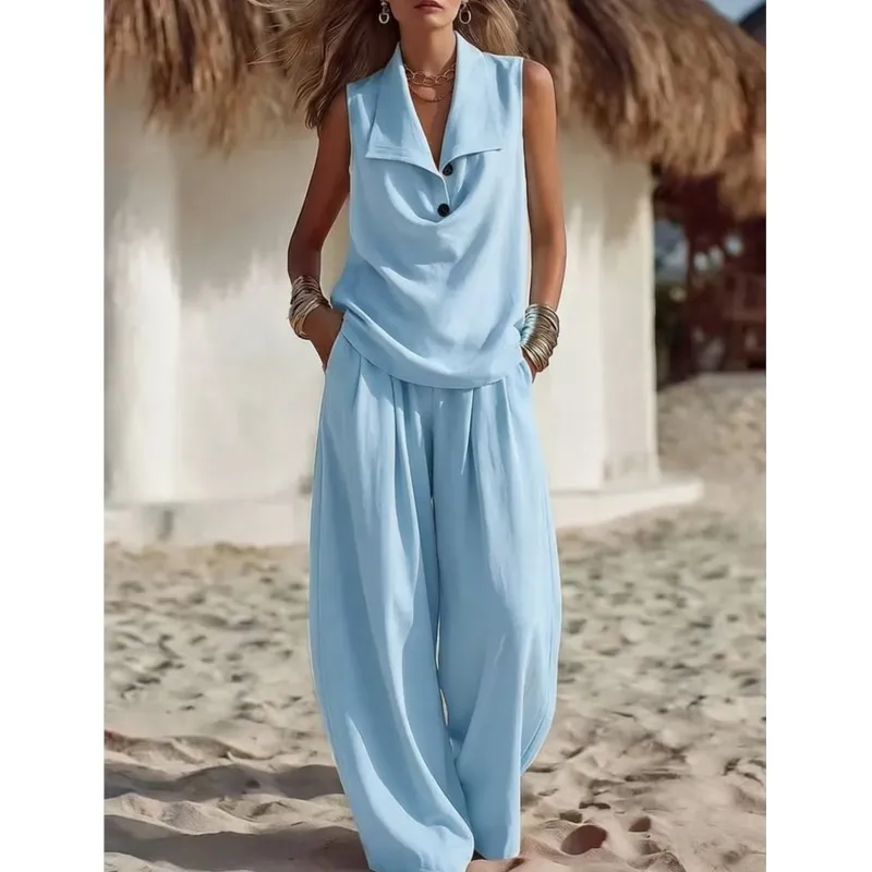 Summer Solid Two Piece Set Turn-down Collar Sleeveless Vest Loose Wide-leg Trousers Set Women's Summer Casual Suit Outfit 2026