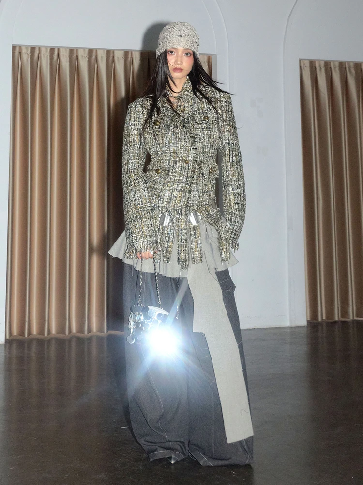 

JNYLON25AW Artist Destroyed Fringe Small Fraance Sle Outerwear Stand Fit ort Coat with Polyester And Lon...